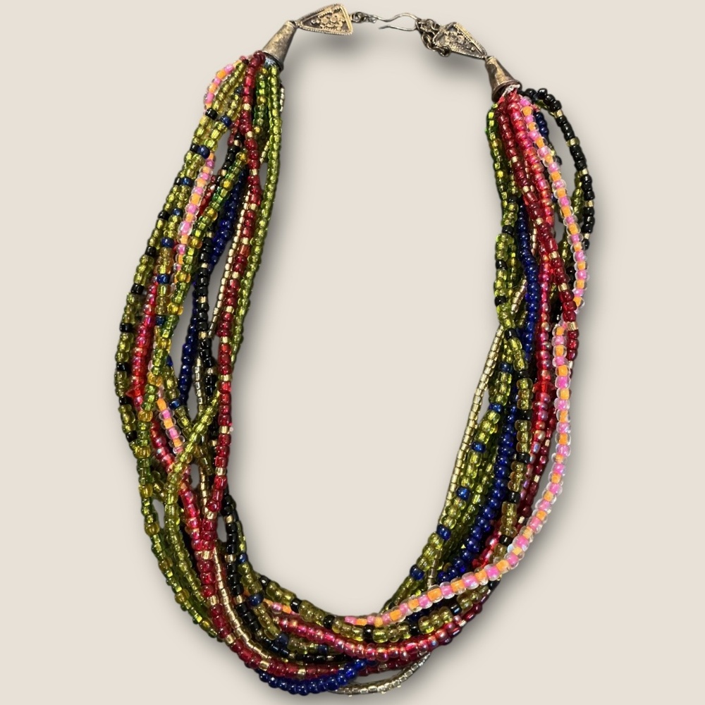 Multi Strand Multi Colored Vintage Beaded Sterling Necklace